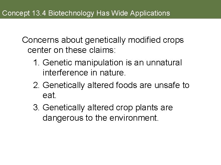 Concept 13. 4 Biotechnology Has Wide Applications Concerns about genetically modified crops center on