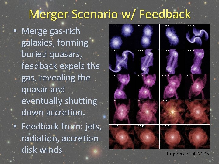 Merger Scenario w/ Feedback • Merge gas-rich galaxies, forming buried quasars, feedback expels the