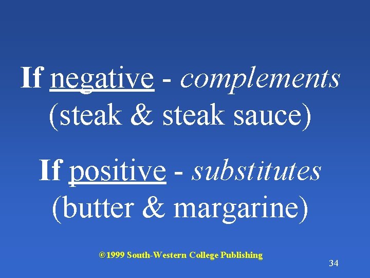 If negative - complements (steak & steak sauce) If positive - substitutes (butter &