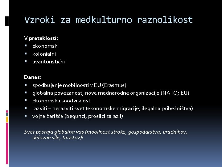 Vzroki za medkulturno raznolikost V preteklosti: ekonomski kolonialni avanturistični Danes: spodbujanje mobilnosti v EU