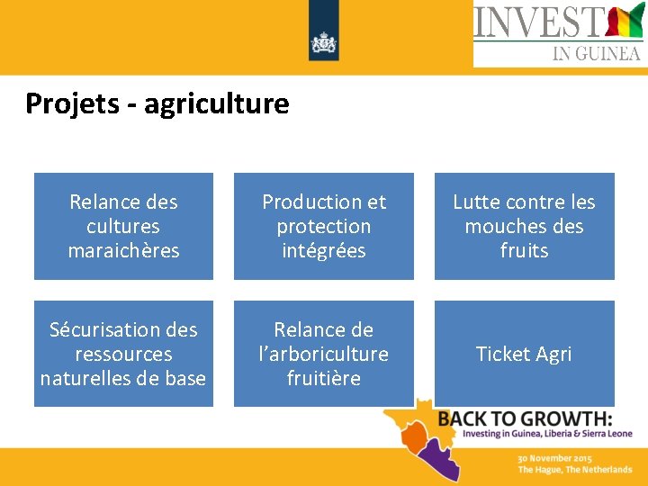 Projets - agriculture Relance des cultures maraichères Production et protection intégrées Lutte contre les