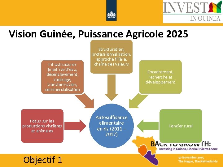 Vision Guinée, Puissance Agricole 2025 Infrastructures (maitrise d’eau, désenclavement, stockage, transformation, commercialisation Focus sur