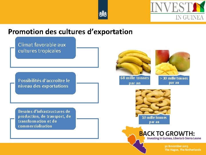 Promotion des cultures d’exportation Climat favorable aux cultures tropicales Possibilités d’accroître le niveau des