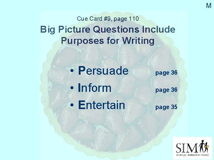 M Cue Card #9, page 110 Big Picture Questions Include Purposes for Writing •