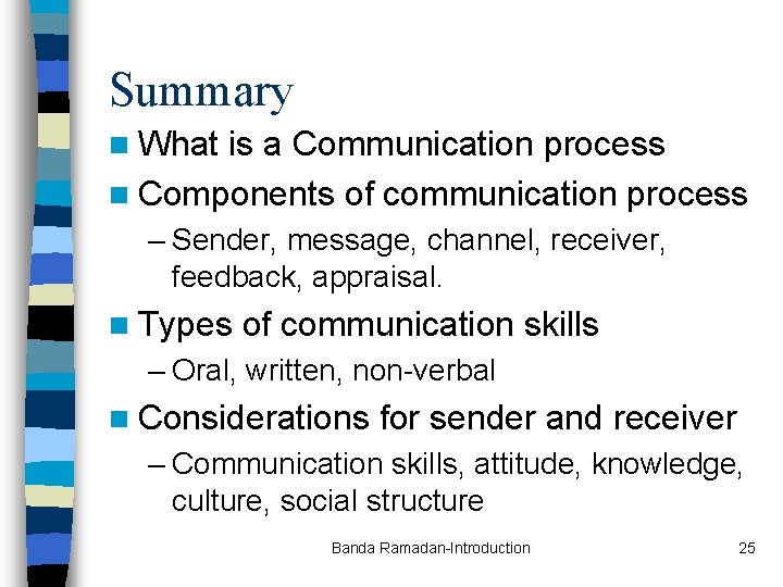 Summary n What is a Communication process n Components of communication process – Sender,