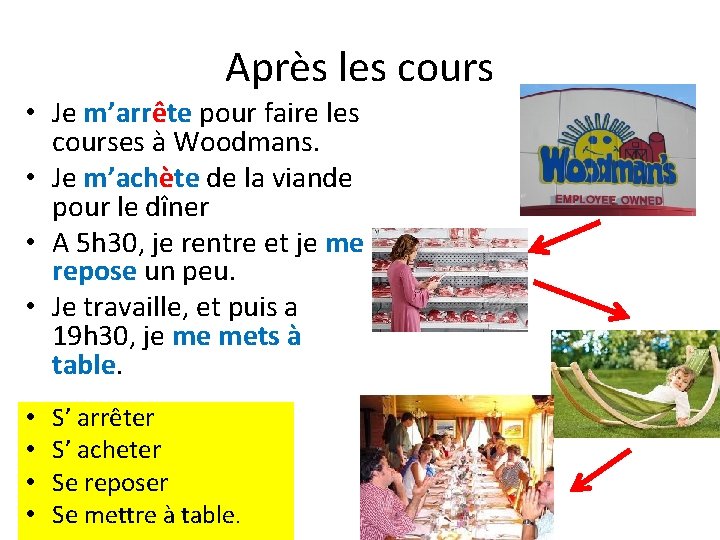 Après les cours • Je m’arrête pour faire les courses à Woodmans. • Je