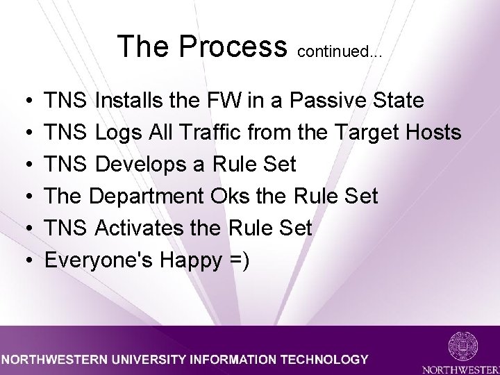 The Process continued. . . • • • TNS Installs the FW in a
