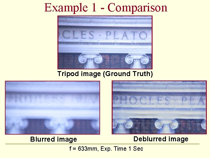 Example 1 - Comparison Tripod image (Ground Truth) Blurred image Deblurred image f =