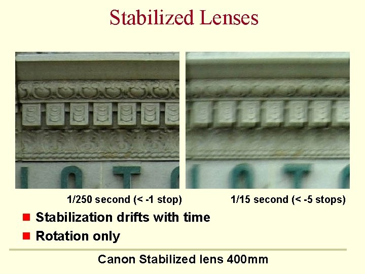 Stabilized Lenses 1/250 second (< -1 stop) 1/15 second (< -5 stops) n Stabilization