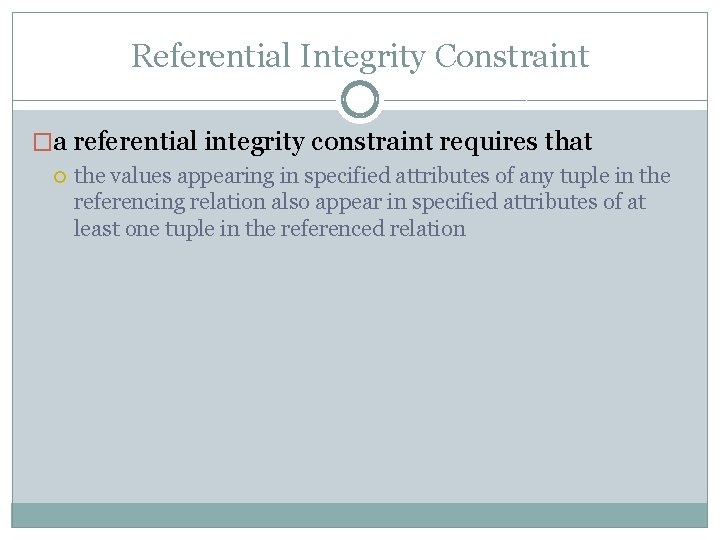 Referential Integrity Constraint �a referential integrity constraint requires that the values appearing in specified