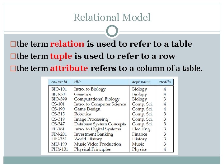 Relational Model �the term relation is used to refer to a table �the term