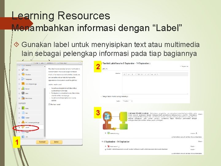 Learning Resources Menambahkan informasi dengan “Label” Gunakan label untuk menyisipkan text atau multimedia lain
