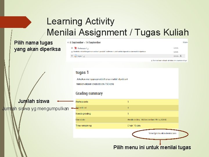 Learning Activity Menilai Assignment / Tugas Kuliah Pilih nama tugas yang akan diperiksa Jumlah