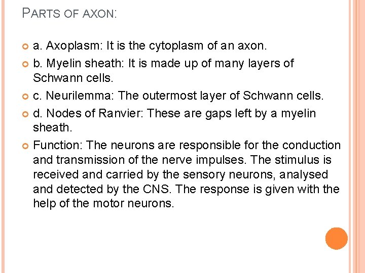 PARTS OF AXON: a. Axoplasm: It is the cytoplasm of an axon. b. Myelin