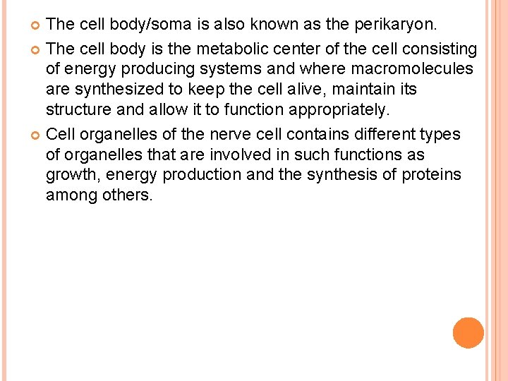 The cell body/soma is also known as the perikaryon. The cell body is the