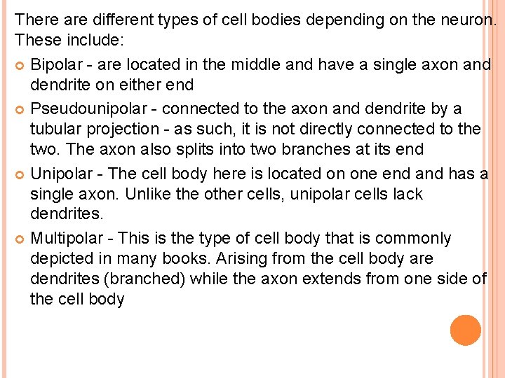 There are different types of cell bodies depending on the neuron. These include: Bipolar