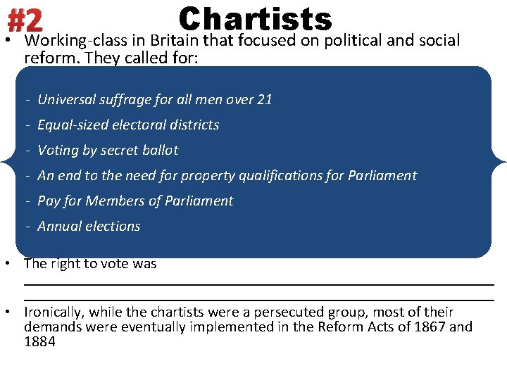 Chartists #2 • Working-class in Britain that focused on political and social reform. They