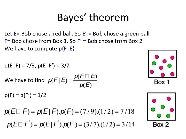 Bayes’ theorem Let E= Bob chose a red ball. So E’ = Bob chose