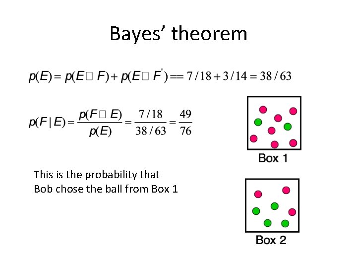 Bayes’ theorem This is the probability that Bob chose the ball from Box 1