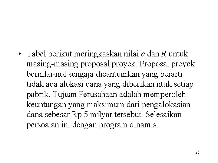  • Tabel berikut meringkaskan nilai c dan R untuk masing-masing proposal proyek. Proposal