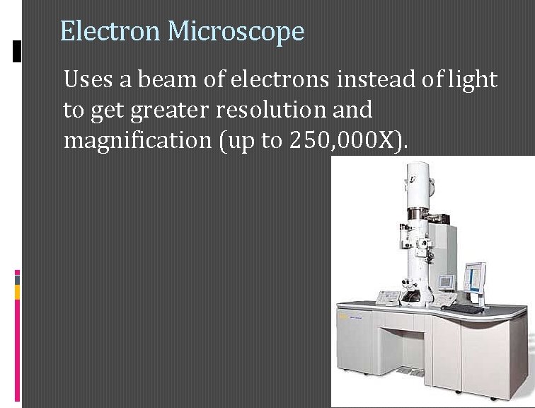 Electron Microscope Uses a beam of electrons instead of light to get greater resolution