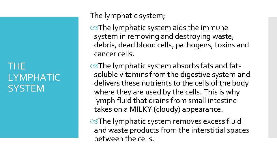 The lymphatic system; THE LYMPHATIC SYSTEM The lymphatic system aids the immune system in