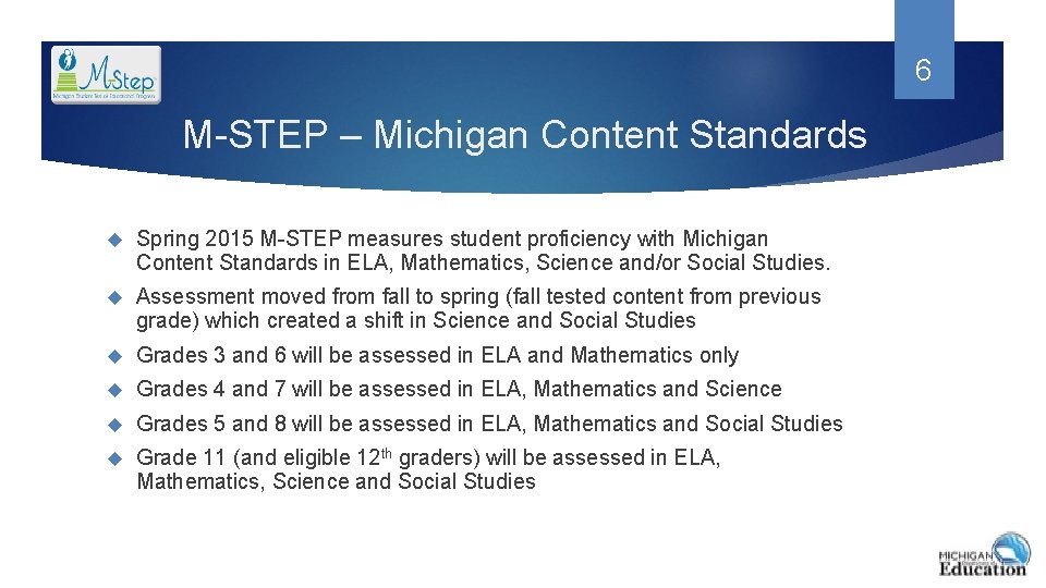 6 M-STEP – Michigan Content Standards Spring 2015 M-STEP measures student proficiency with Michigan