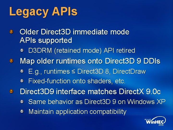 Legacy APIs Older Direct 3 D immediate mode APIs supported D 3 DRM (retained