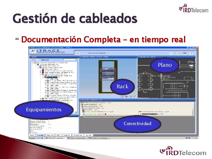 Gestión de cableados Documentación Completa – en tiempo real Plano Rack Equipamientos Conectividad 