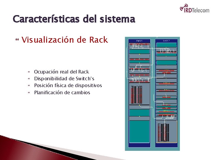 Características del sistema Visualización de Rack Ocupación real del Rack Disponibilidad de Switch’s Posición