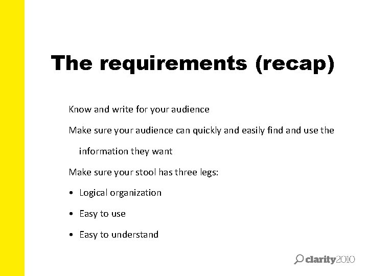 The requirements (recap) Know and write for your audience Make sure your audience can