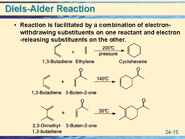 Diels-Alder Reaction • Reaction is facilitated by a combination of electronwithdrawing substituents on one