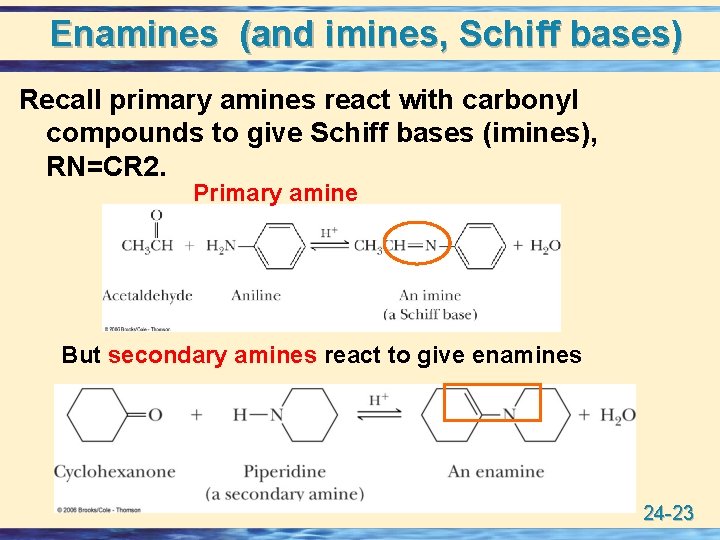 Enamines (and imines, Schiff bases) Recall primary amines react with carbonyl compounds to give
