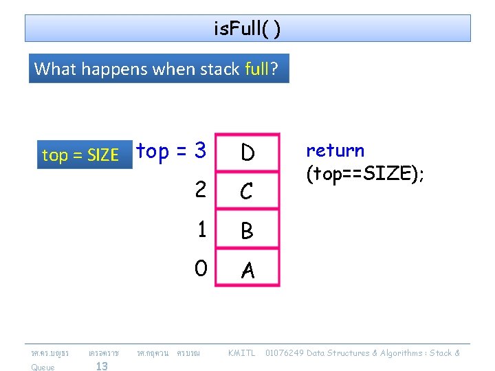 is. Full( ) What happens when stack full? top = SIZE top = 3