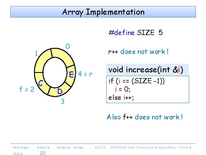 Array Implementation #define SIZE 5 0 1 f=2 C r++ does not work !