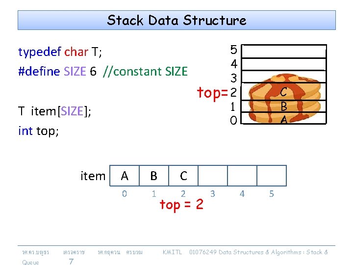 Stack Data Structure typedef char T; #define SIZE 6 //constant SIZE T item[SIZE]; int