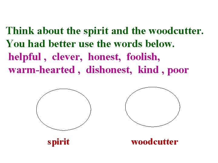 Think about the spirit and the woodcutter. You had better use the words below.