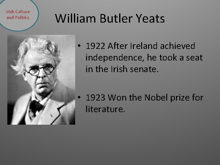 Irish Culture and Politics William Butler Yeats • 1922 After Ireland achieved independence, he