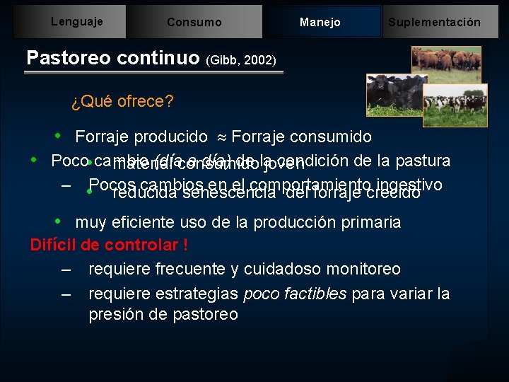 Lenguaje Consumo Manejo Suplementación Pastoreo continuo (Gibb, 2002) ¿Qué ofrece? • Forraje producido Forraje