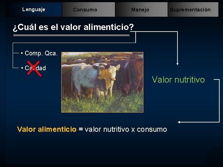 Lenguaje Consumo Manejo Suplementación ¿Cuál es el valor alimenticio? • Comp. Qca. • Calidad