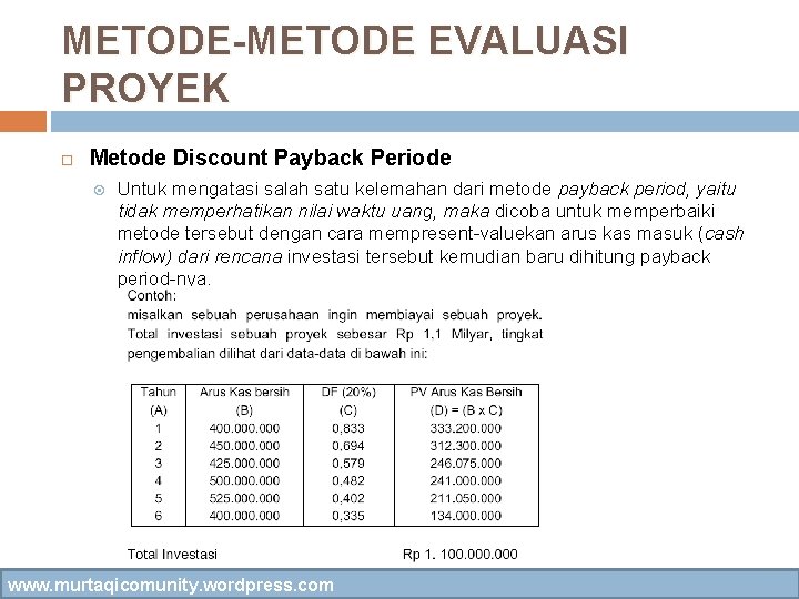 METODE-METODE EVALUASI PROYEK Metode Discount Payback Periode Untuk mengatasi salah satu kelemahan dari metode