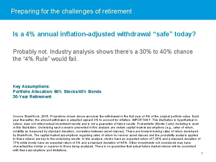 Preparing for the challenges of retirement Is a 4% annual inflation-adjusted withdrawal “safe” today?
