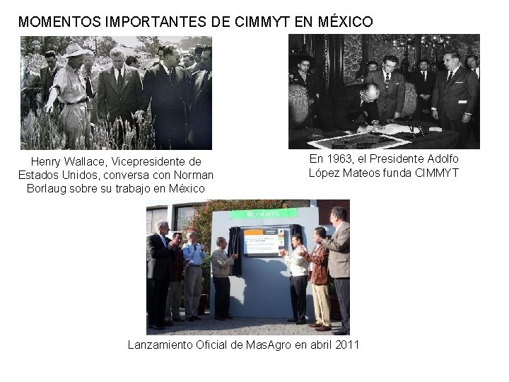 MOMENTOS IMPORTANTES DE CIMMYT EN MÉXICO Henry Wallace, Vicepresidente de Estados Unidos, conversa con