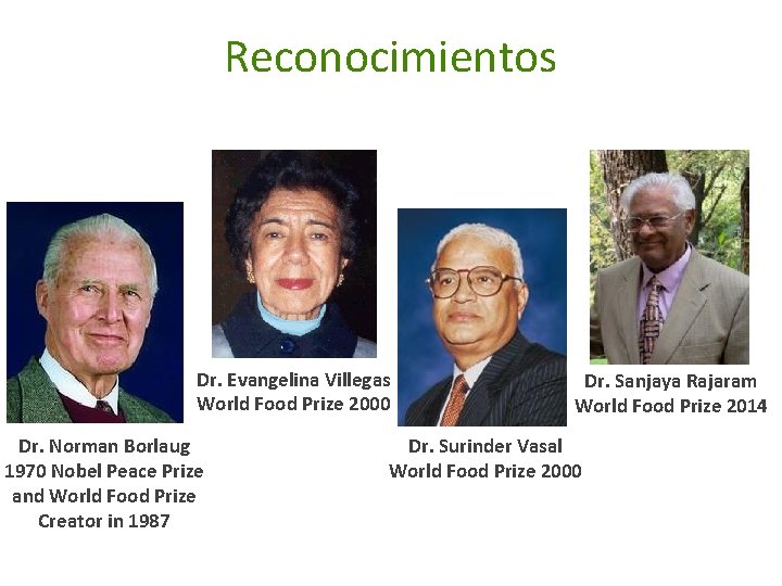 Reconocimientos Dr. Evangelina Villegas World Food Prize 2000 Dr. Norman Borlaug 1970 Nobel Peace