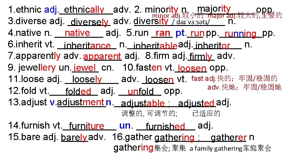 majority ethnically 1. ethnic adj. _____adv. 2. minority n. ______ opp. minor adj. 较小的