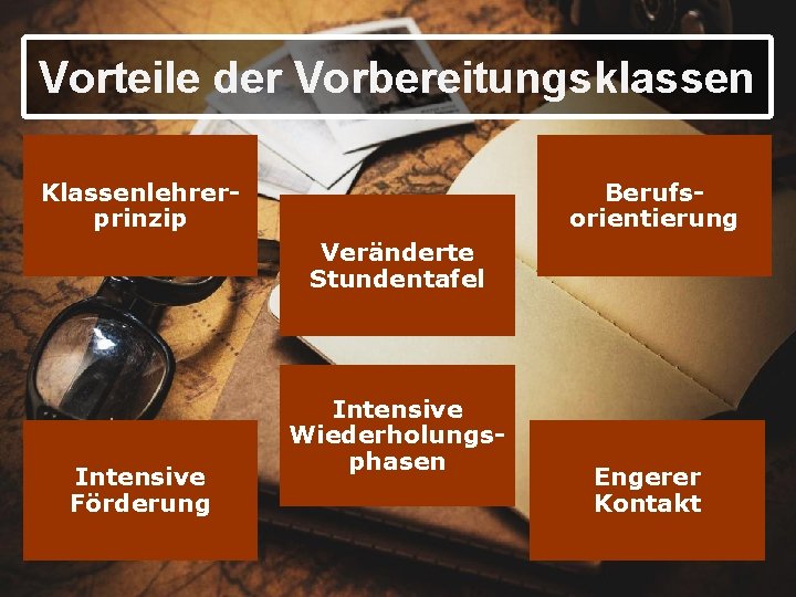 Vorteile der Vorbereitungsklassen Klassenlehrerprinzip Berufsorientierung Veränderte Stundentafel Intensive Förderung Intensive Wiederholungsphasen Engerer Kontakt 