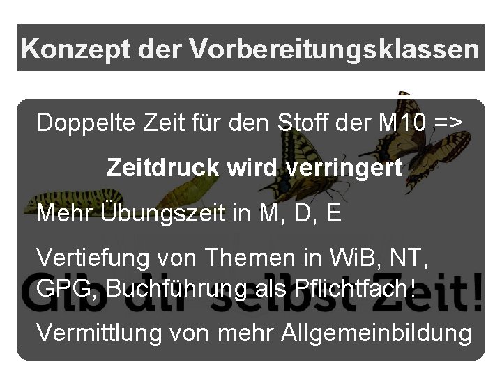 Konzept der Vorbereitungsklassen Doppelte Zeit für den Stoff der M 10 => Zeitdruck wird