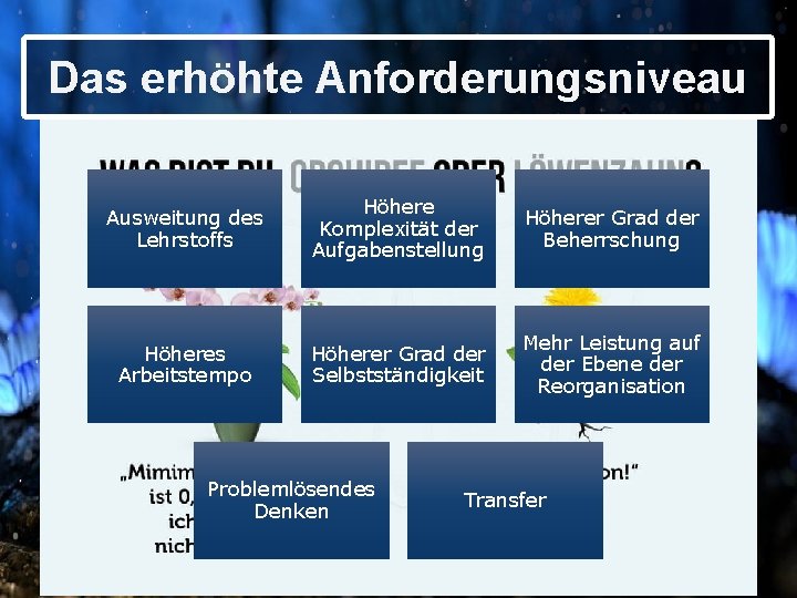 Das erhöhte Anforderungsniveau Ausweitung des Lehrstoffs Höhere Komplexität der Aufgabenstellung Höherer Grad der Beherrschung