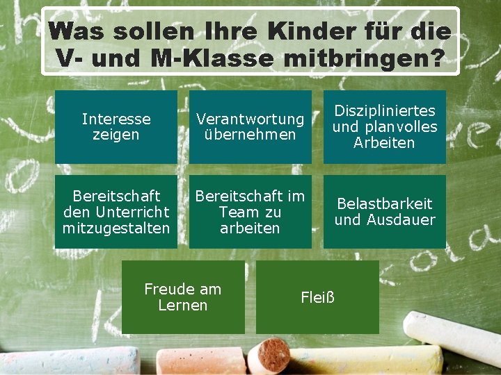 Was sollen Ihre Kinder für die V- und M-Klasse mitbringen? Interesse zeigen Verantwortung übernehmen