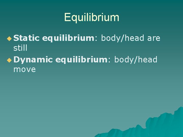 Equilibrium u Static equilibrium: body/head are still u Dynamic equilibrium: body/head move 